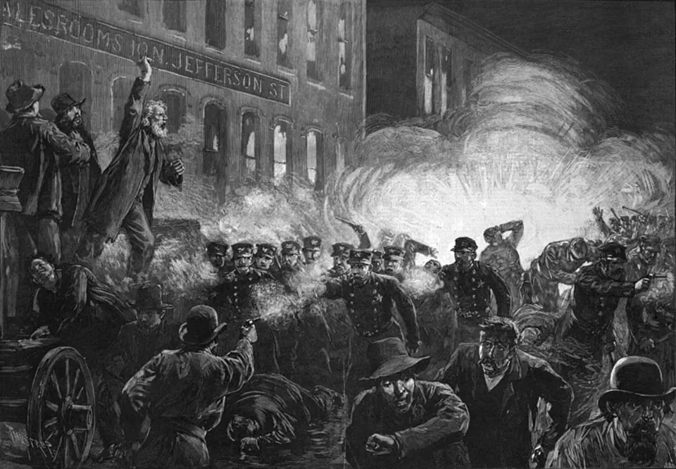 The clash in Haymarket Square, engraving from Harper's Weekly (1886).