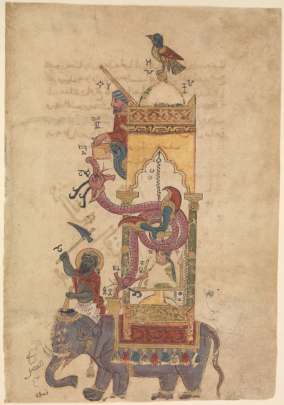 The elephant clock, a leaf from a copy of al-Jazari's book. Metropolitan Museum of Art.